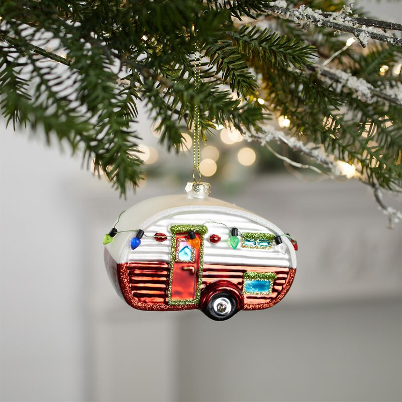 Retro Glass Camper Ornaments with Glitter (Set of 12) &ndash; Vintage Christmas Decor for Tree, Garland, or Gift Accent