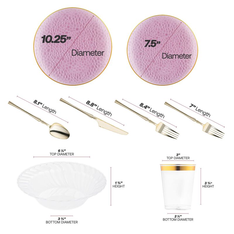 Clear Pink with Gold Rim Hammered Glass Plastic Tableware Set (60 Sets) image number 4