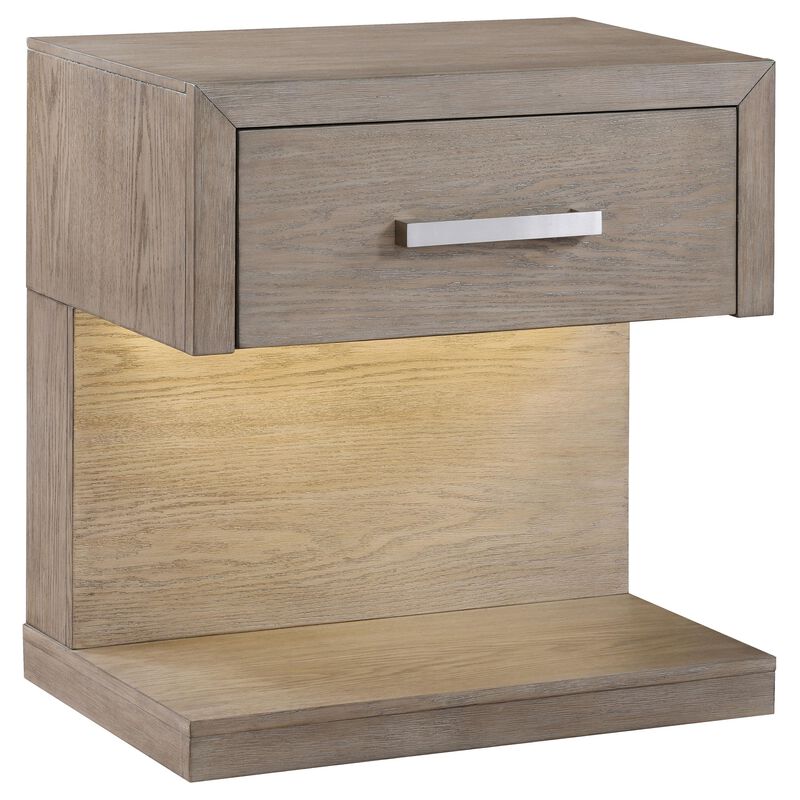 Keno Nightstand, 27 Inch Brown Acacia Wood, Storage Drawer, LED Light - Benzara