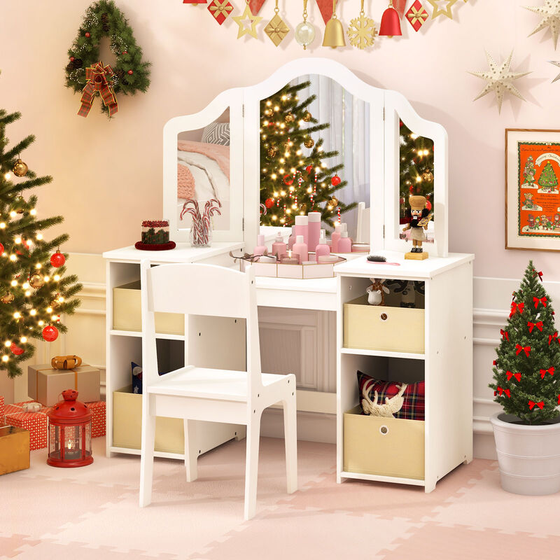 Kids Vanity Table and Chair Set with Removable Mirrors and 4 Storage Bins