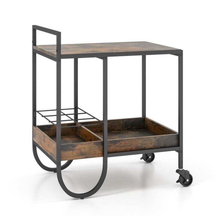 Hivvago Rolling Buffet Serving Cart with Removable Metal Wire Wine Rack-Brown