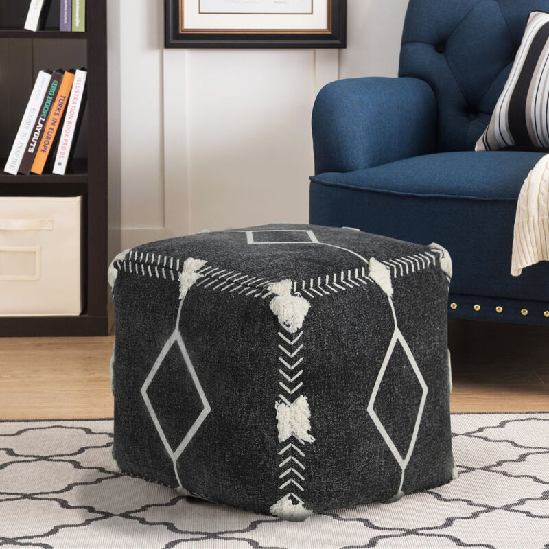 Hivvago 18 Inch Black Cotton Geometric Pouf Ottoman