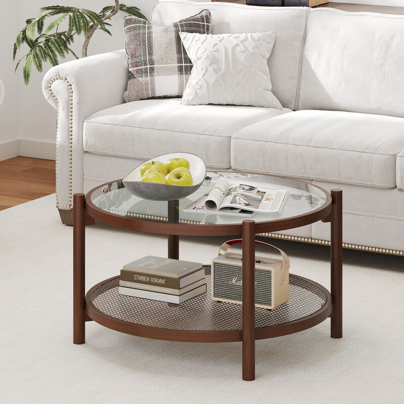 Elegant 2-Tier Round Coffee Table with Glass Surface and Open Storage