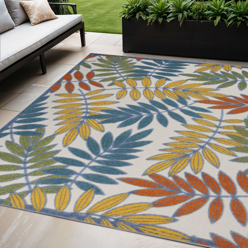 HomeRoots 5' X 8' Ivory Yellow Orange Green And Blue Botanical Leaves Indoor Outdoor Area Rug image number 1