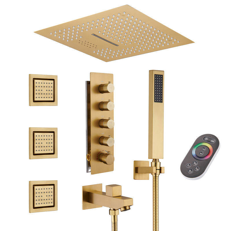 Mondawe 64 Colors LED Light and Music 4 Functions 5 Sprays Flush Ceiling Mounted Thermostatic Shower System with 3 Body Jets and Rough-in Valve in Brushed Gold