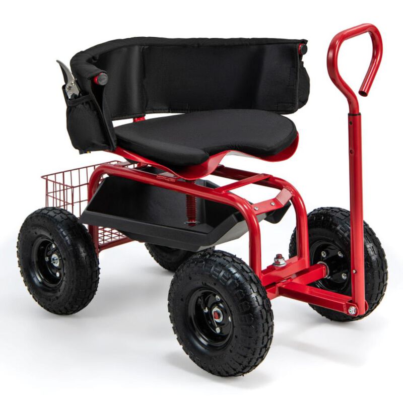 Hivvago Cushioned Rolling Garden Cart Scooter with Storage Basket and Tool Pouch