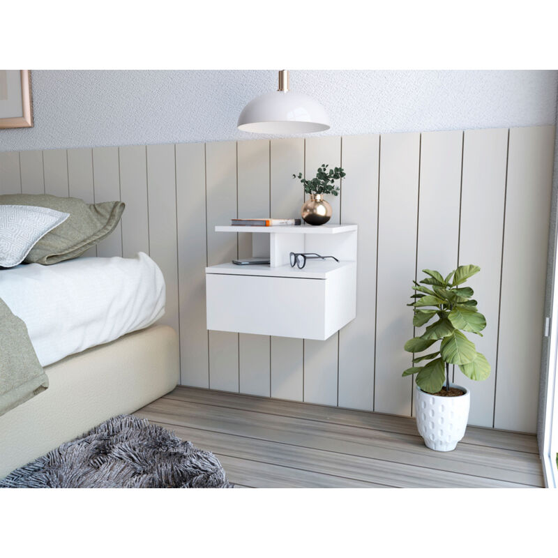 Bedroom Wall-Mounted Nightstand – One Drawer Faux Wood Floating Table