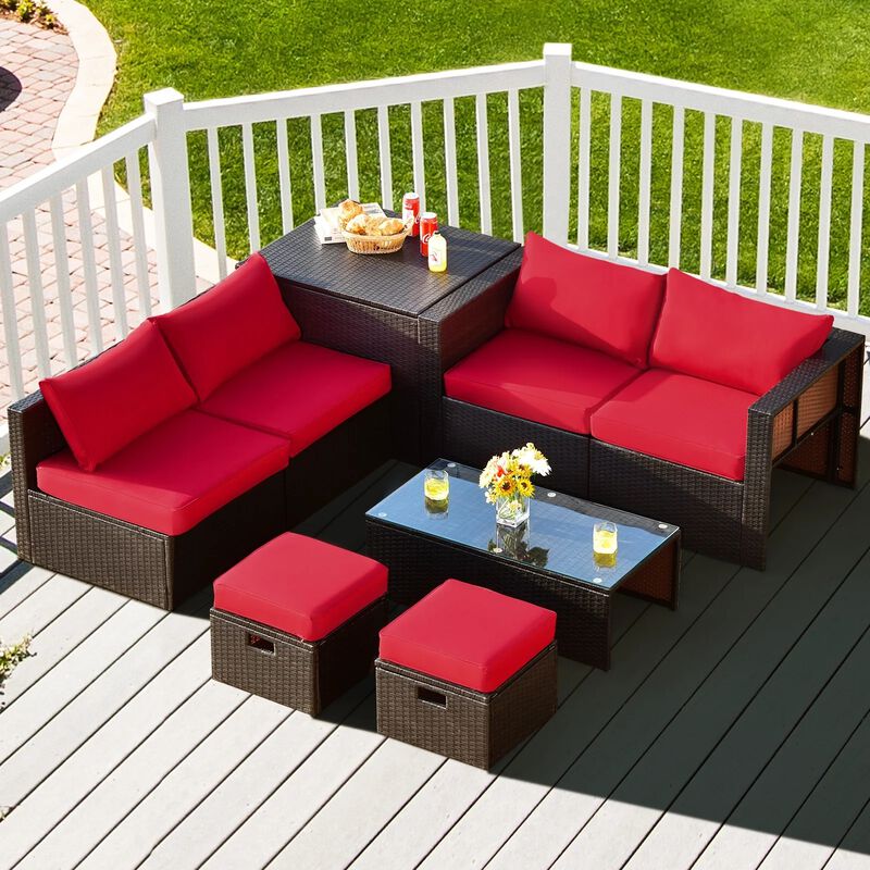 Mondawe 8 Pieces Patio Space-Saving Rattan Furniture Set with Storage Box and Waterproof Cover