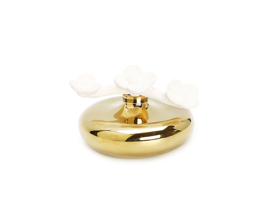 Gold Circular Diffuser With Three White Flowers, "English Pear & Freesia" Scent