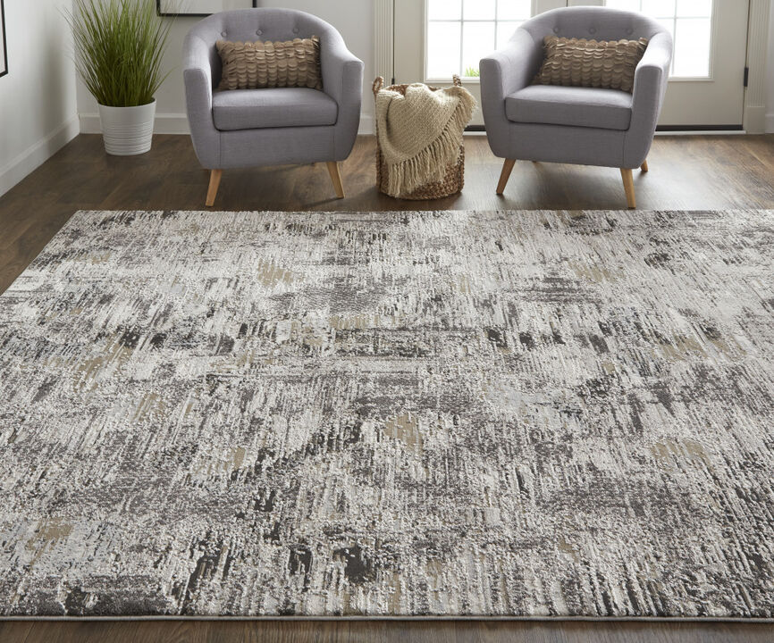 4 X 6 Ivory gray And Brown Abstract Power Loom Distressed Stain Resistant Area Rug