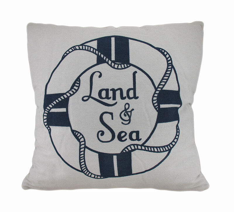 Land and Sea White and Blue Life Preserver Decorative Throw Pillow 16in. image number 0