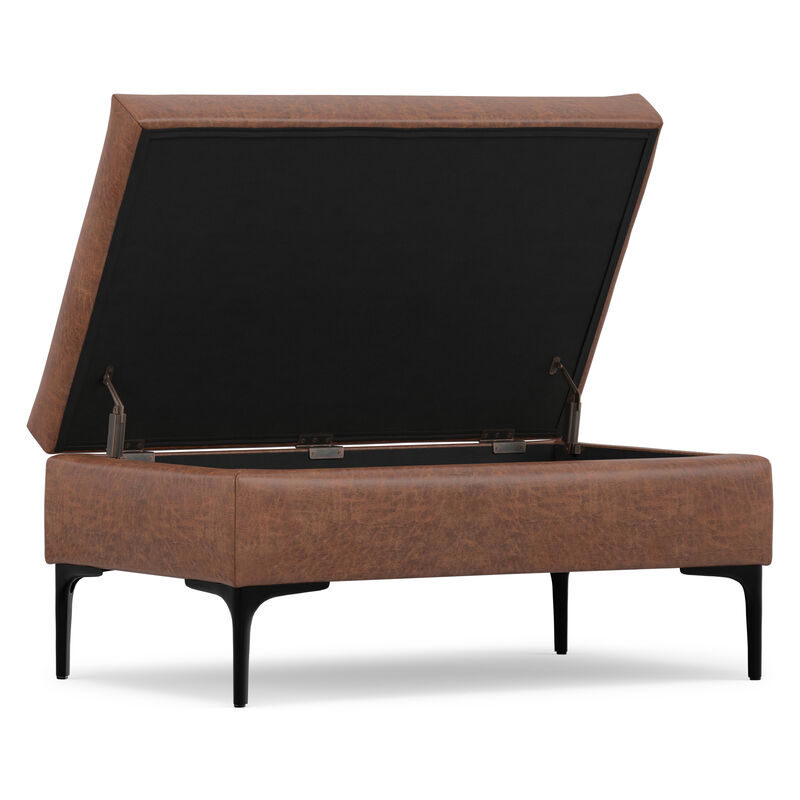 Rebecca 36 inch Wide Mid Century Rectangle Rectangular Coffee Table&nbsp;Storage Ottoman with Lift Up Lid in Distressed Saddle Brown Distressed Vegan Faux Leather, Assembled image number 3