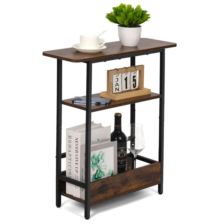 Narrow Side Table for Small Spaces, 3-Tier Small End Table with Storage Shelf and Magazine Holder, Slim and Skinny Nightstand fo