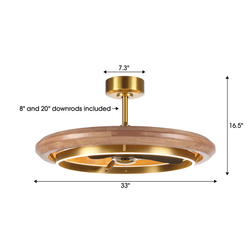 33" Modern Antique Brass Wheel Caged Reversible Dimmable Ceiling Fan with Light and Remote for Bedroom, Living Room or Dining Room image number 5