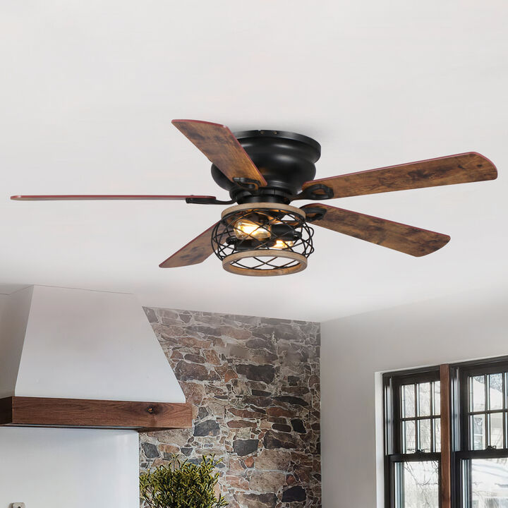 48" Vintage Wooden 5-Blade Black Flush Mount Cgaed Ceiling Fan with Remote