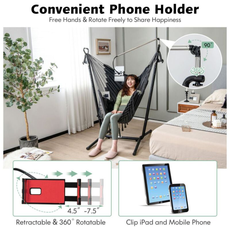 Height Adjustable Hammock Chair with Phone Holder and Side Pocket-Gray