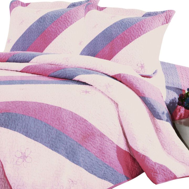 Vermicelli-Quilted Cotton Quilt Set 3-Piece with Embroidered Printed Design-Pink