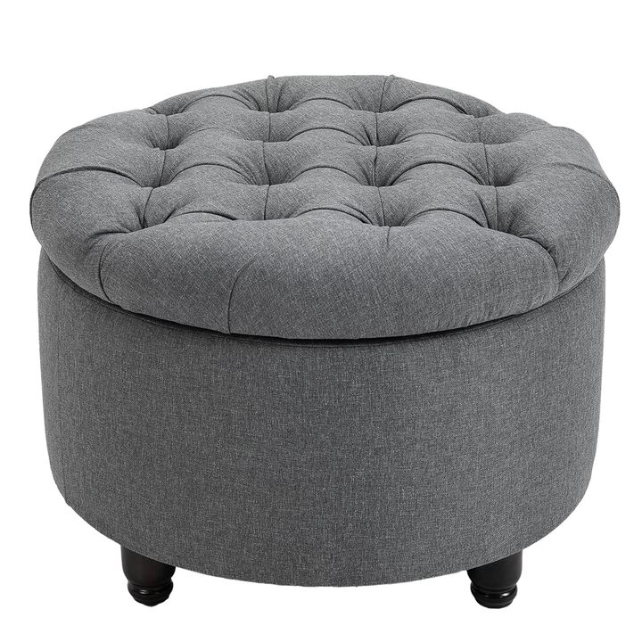 Grey Living Room Storage: Round Tufted Linen Ottoman Bench