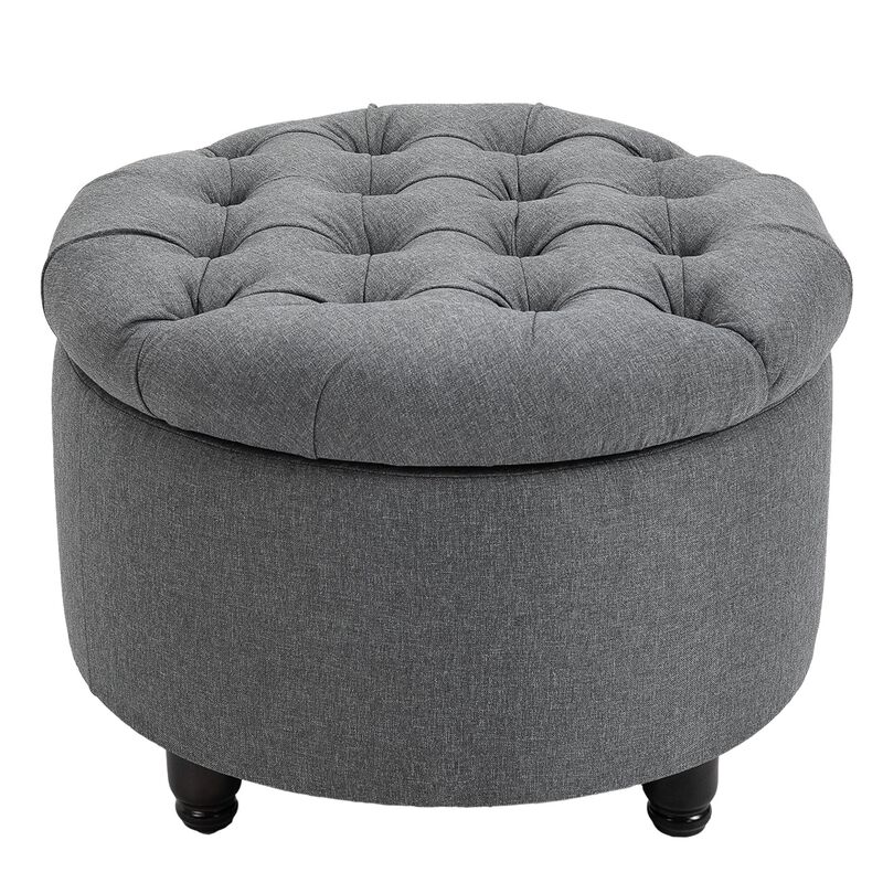 Grey Living Room Storage: Round Tufted Linen Ottoman Bench