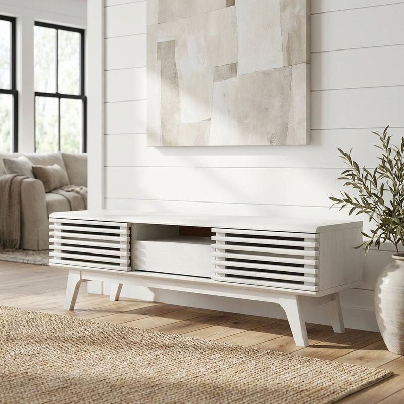 White wood TV stand with 59-inch top and sleek design image number 3