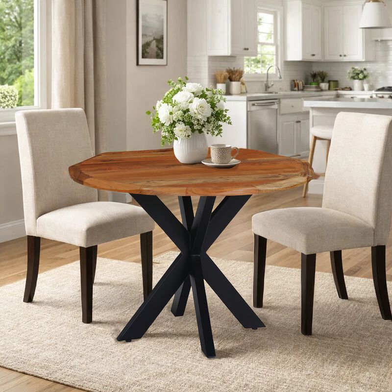 Kuri 41 Inch Handcrafted Live Edge Round Dining Table with a Natural Brown Acacia Wood Top and Black Iron Legs image number 7