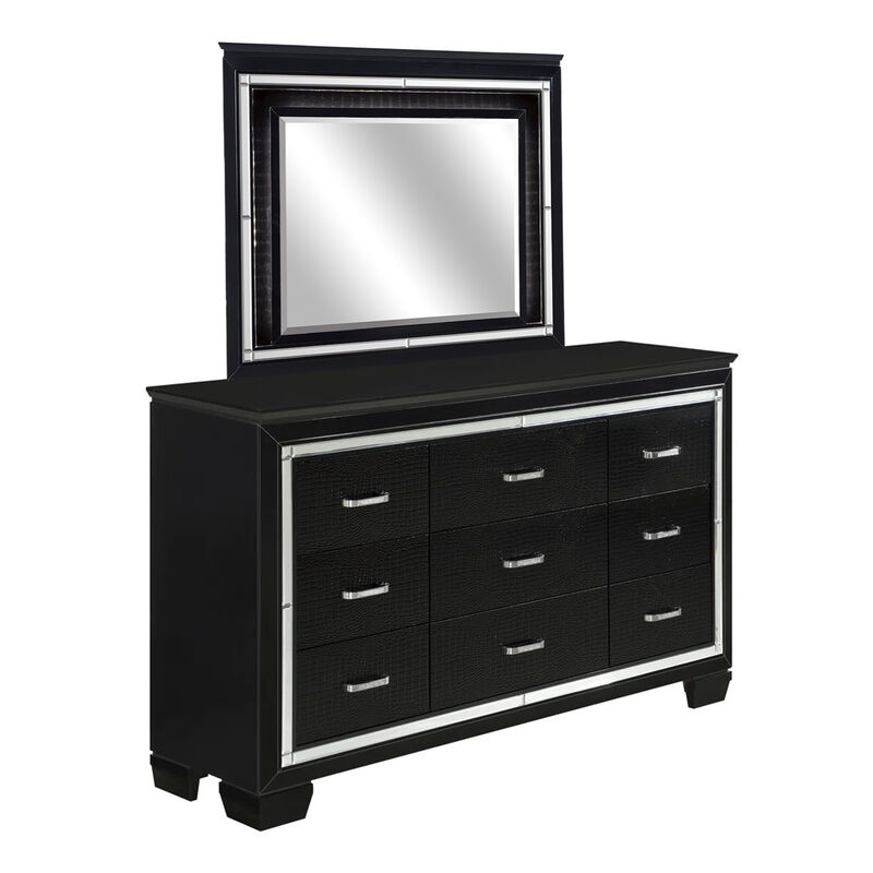 Alen 4 Pc Queen Size Bedroom Set, Button Tufting, Mirror Trim, Black - Benzara