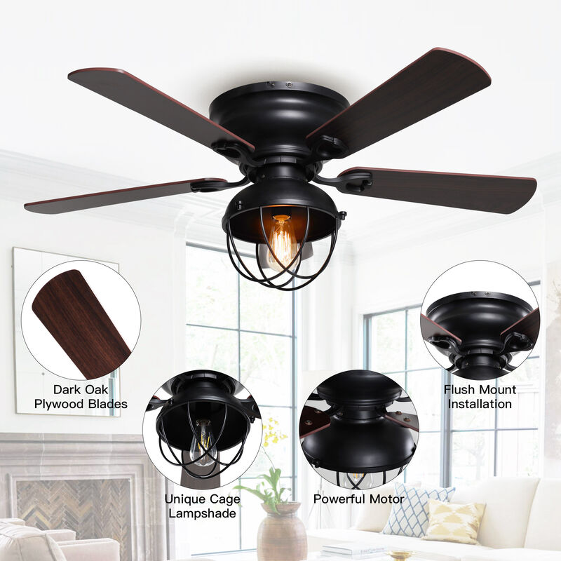 42" Industrial Wood 5-Blade Matte Black Flush Mount Ceiling Fan with Remote