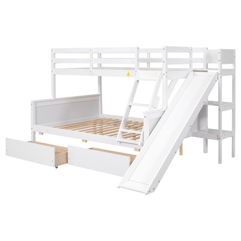 Twin over Full Bunk Bed with 2 Drawers, Slide, Shelves White