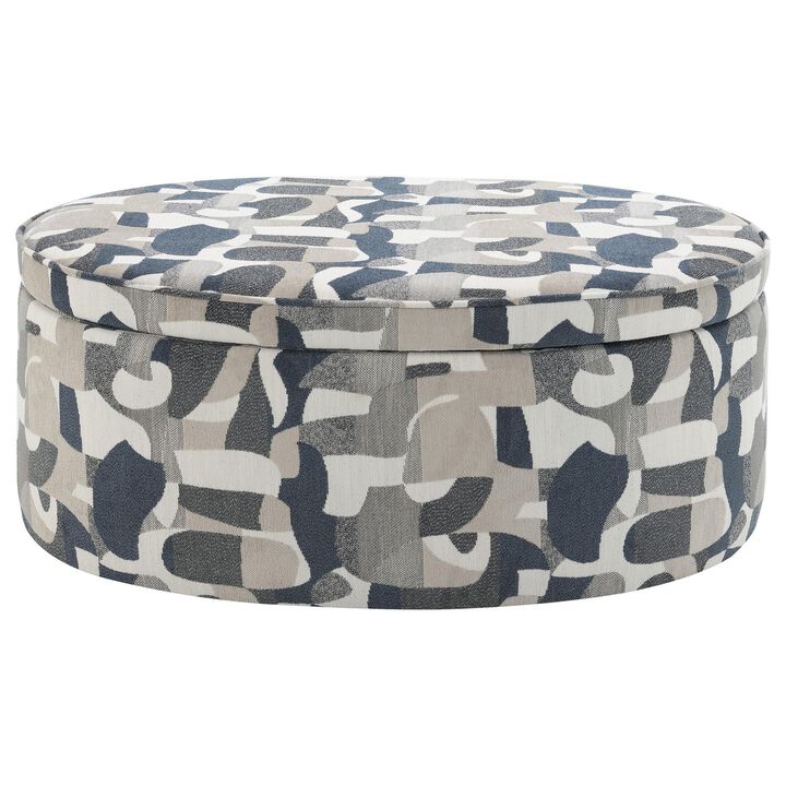 Kito Oval Accent Ottoman, 39 Inch, Hidden Storage, Patterned Fabric - Benzara