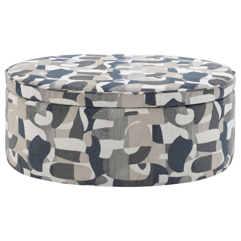 Kito Oval Accent Ottoman, 39 Inch, Hidden Storage, Patterned Fabric - Benzara