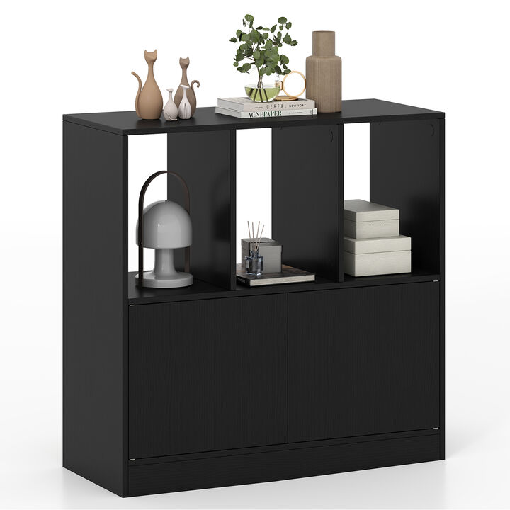 3 Tier Cubic Bookcase with 3 Cubes, Doors, Open Compartments, and Cabinet-Black