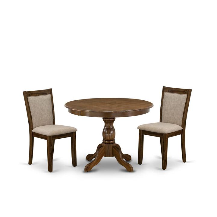 HBMZ3-AWN-04 3-Pc Dining Room Set Contains a Pedestal Table and 2 Light Tan Kitchen Chairs - Sand Blasting Antique Walnut Finish