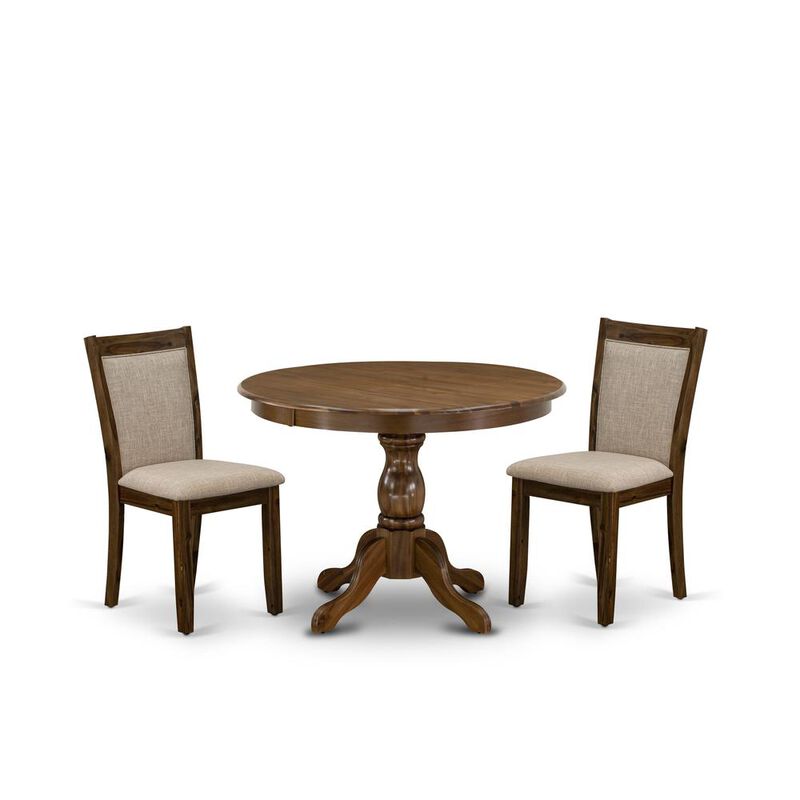 HBMZ3-AWN-04 3-Pc Dining Room Set Contains a Pedestal Table and 2 Light Tan Kitchen Chairs - Sand Blasting Antique Walnut Finish