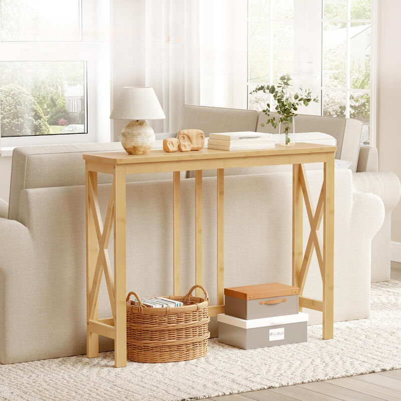 Slim Wicker Console Table with X Frame, Narrow Entryway Hall Table-Natural image number 1