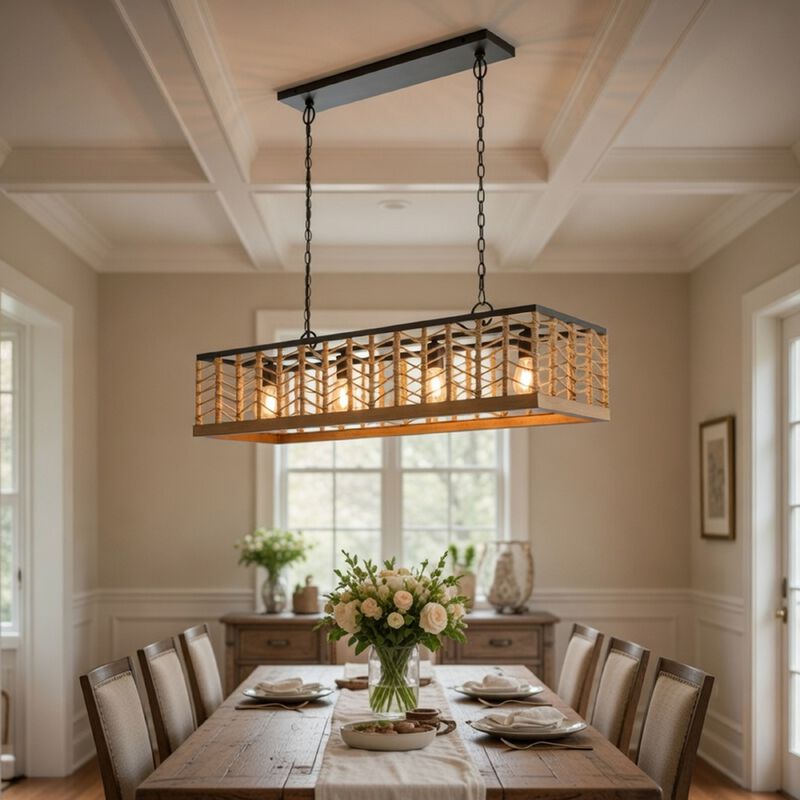 4 Light Pendant, Braided Burlap Shade, Caged Industrial Black Metal 40 Inch image number 1