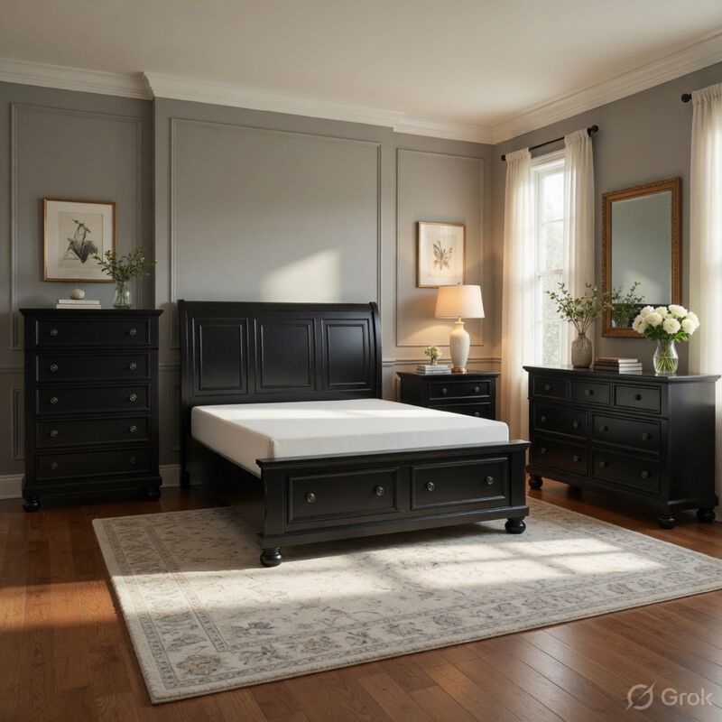 Queen Size Bedroom Set, Traditional Carved Wood Design, Black Finish, 4-Piece Set with Bed, Nightstands and Dresser image number 8
