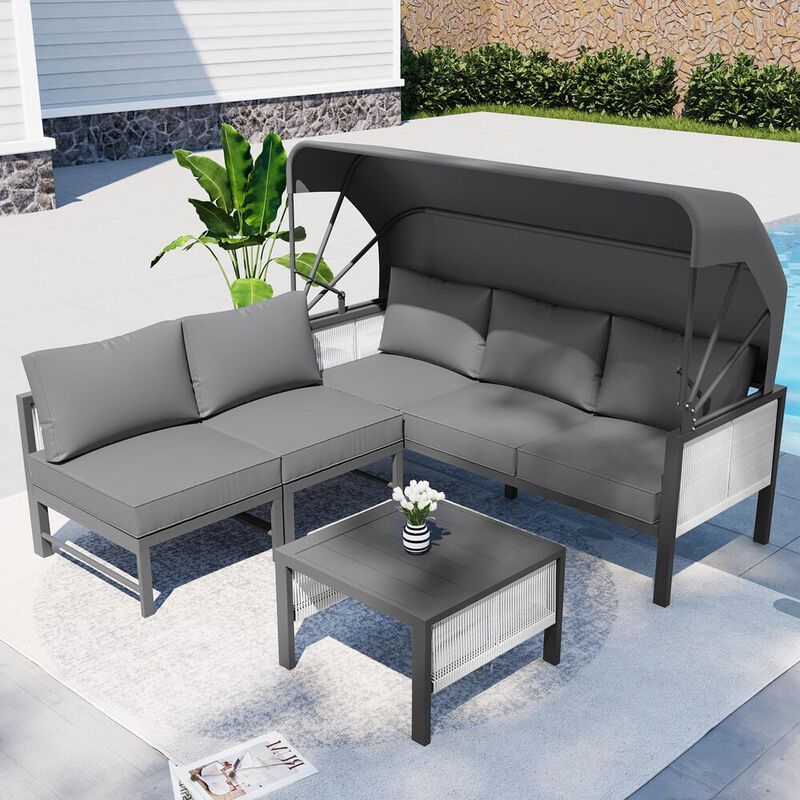 Mondawe Aluminum Patio Furniture Sets, 4 Pieces Outdoor Sectional Sofa with Retractable Canopy, Patio Conversation Set with Cushions for Outdoor