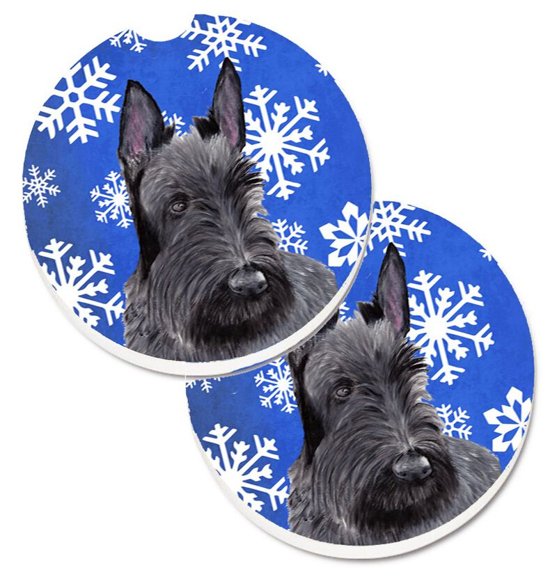 Caroline's Treasures Scottish Terrier Winter Snowflakes Holiday Set of 2 Cup Holder Car Coasters SC9386CARC, 2.56, Multicolor image number 0