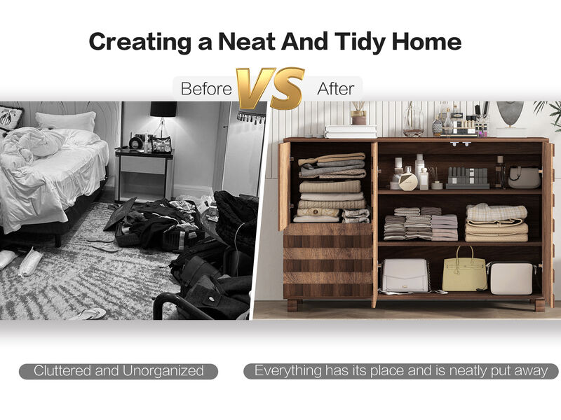 TATEUS Versatile 55" Buffet Cabinet - Hand Carved Kitchen Storage with 2 Drawers, 3 Doors, Adjustable Shelf