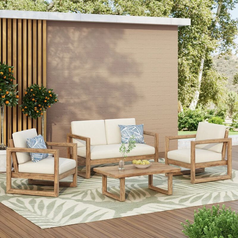 Merax Acacia Wood 4Piece Outdoor Chat Set - Slat Panel Design with Water-Resistant Cushions image number 2