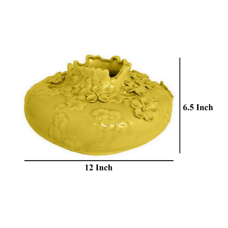 Remi Flower Vase, Decorative Yellow Ceramic w Floral Motifs, 12 Inch - Benzara