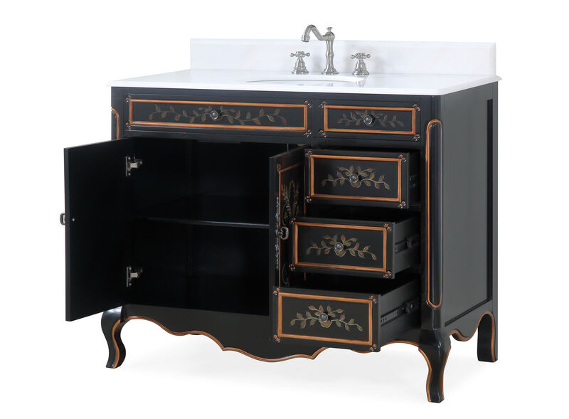 42 Inch Black Hand-Painted Floral Decoroso Bathroom Vanity With Side Drawers image number 2