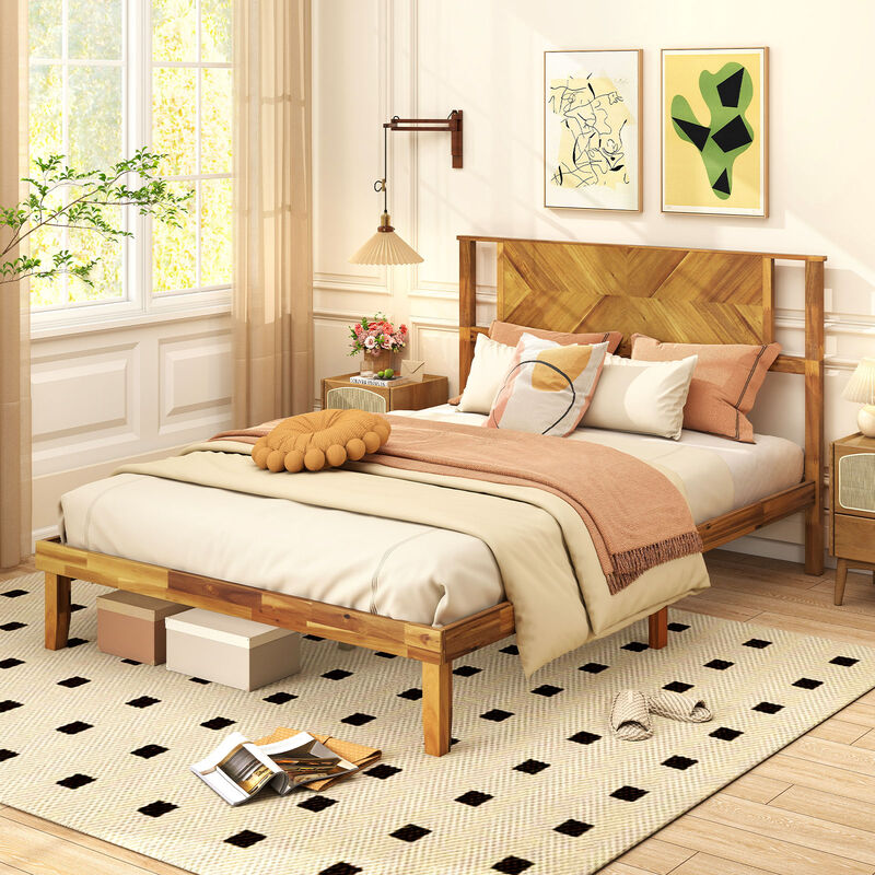 Acacia Wood Platform Bed Frame with Headboard, Mid-Century Style image number 3