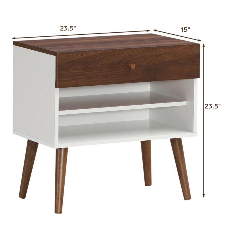 Hivvago Mid-Century Nightstand with Drawer and Rubber Wood Legs