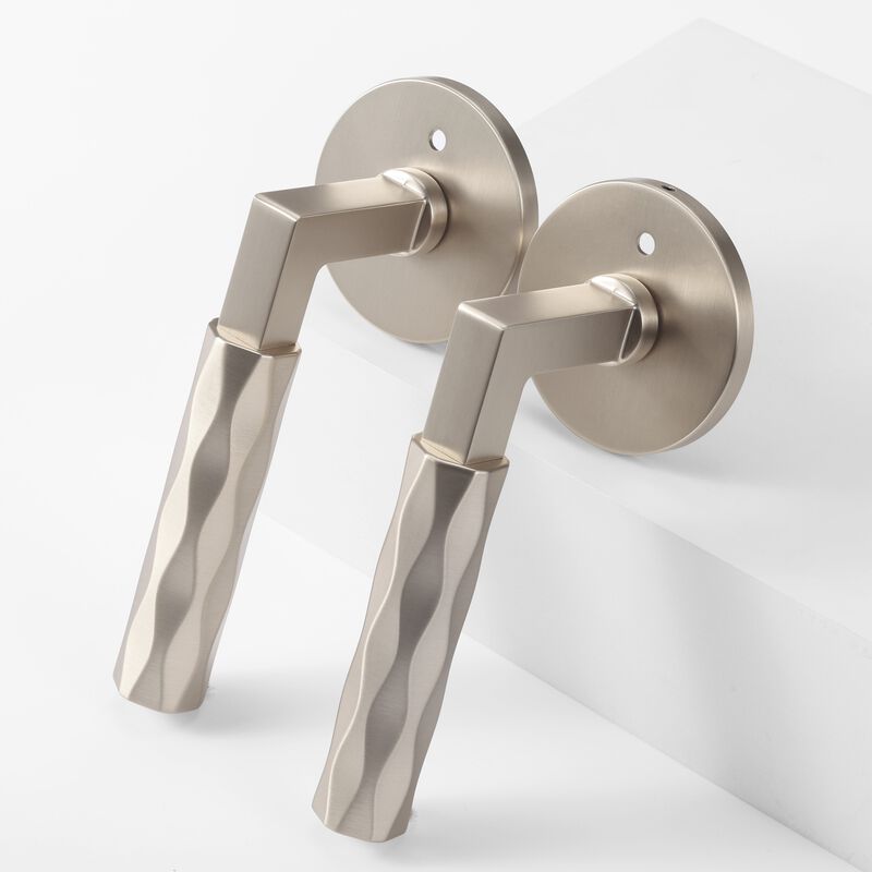 Hailey Satin Nickel Modern Bed/Bath Interior Door Handle with Round Rosette and Concealed Screws (Privacy) image number 8