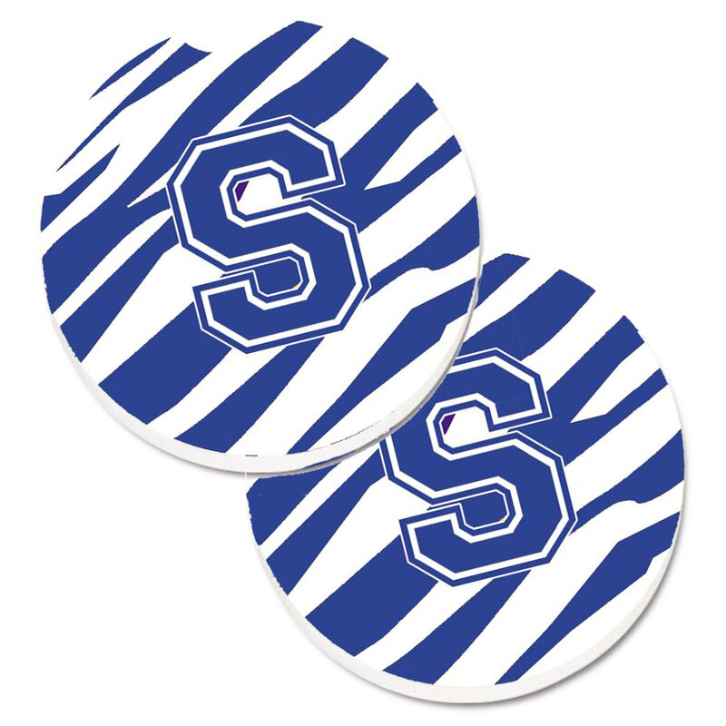 Caroline's Treasures Monogram Initial S Tiger Stripe Blue & White Set of 2 Cup Holder Car Coasters CJ1034-SCARC, 2.56, Multicolor