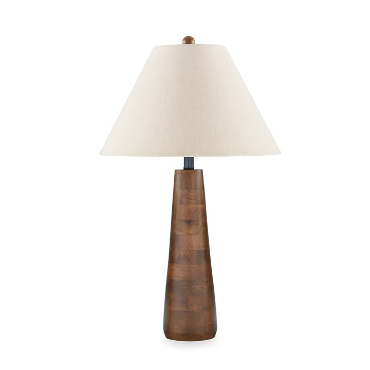 30 Inch Table Lamp, White Empire Fabric Shade, Tapered Brown Wood Frame - Benzara