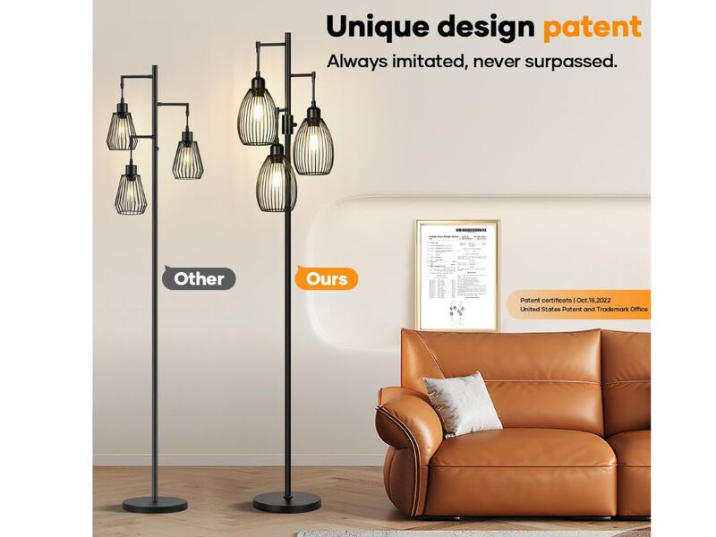 Industrial Tree Floor Lamp &ndash; Black Metal, 3 Teardrop Cage Shades, Dimmable LED