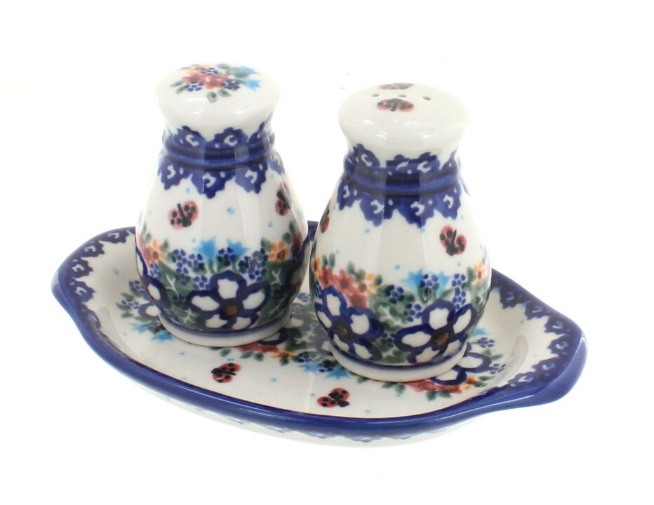Blue Rose Polish Pottery Garden Butterfly Salt & Pepper Shakers with Tray