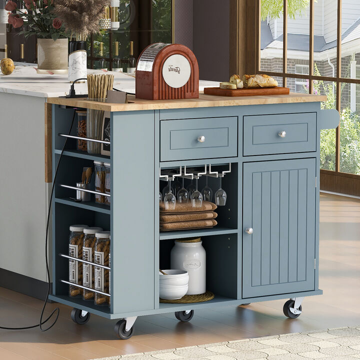 Whisen Modern Kitchen Island with Drop Leaf and Wheels - Grey Blue